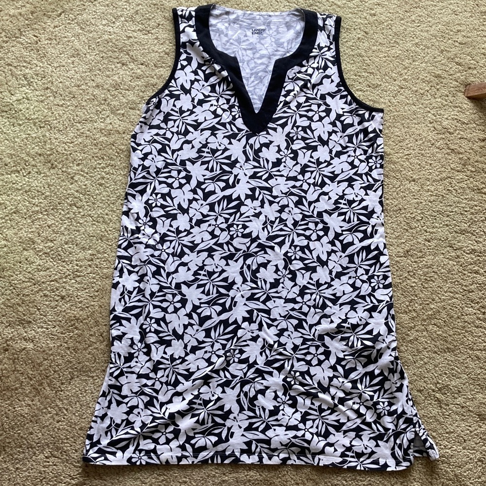 Lands' End Black and White Floral Midi Dress Size Large